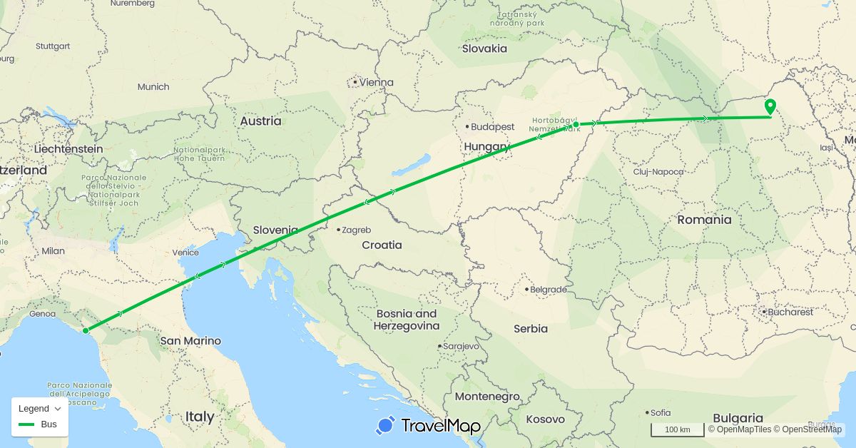 TravelMap itinerary: driving, bus in Hungary, Italy, Romania (Europe)
